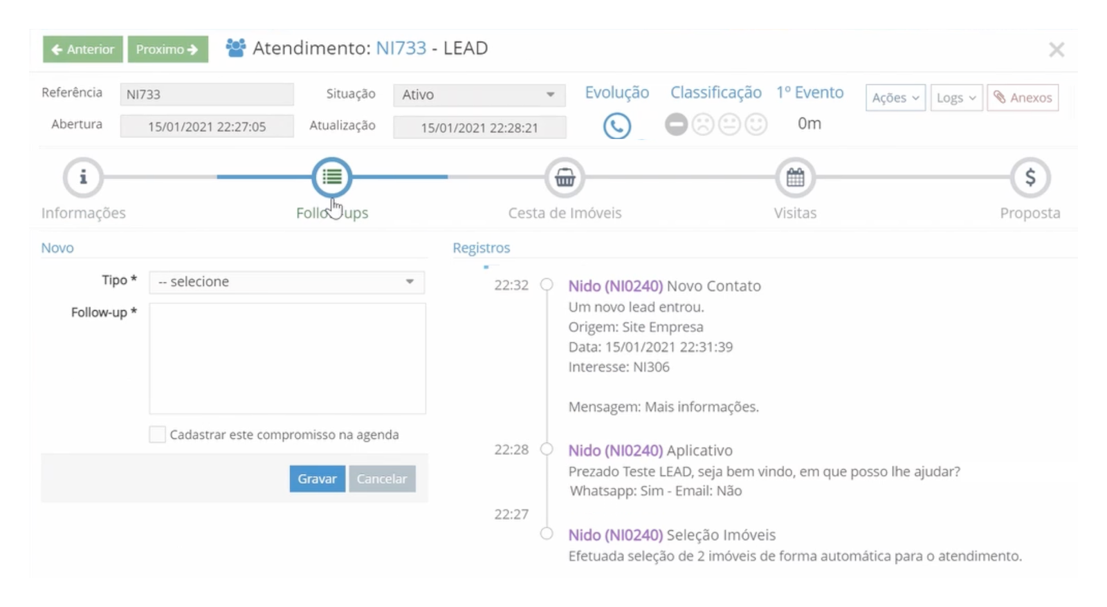 Tela de leads do nidotec Imóvel